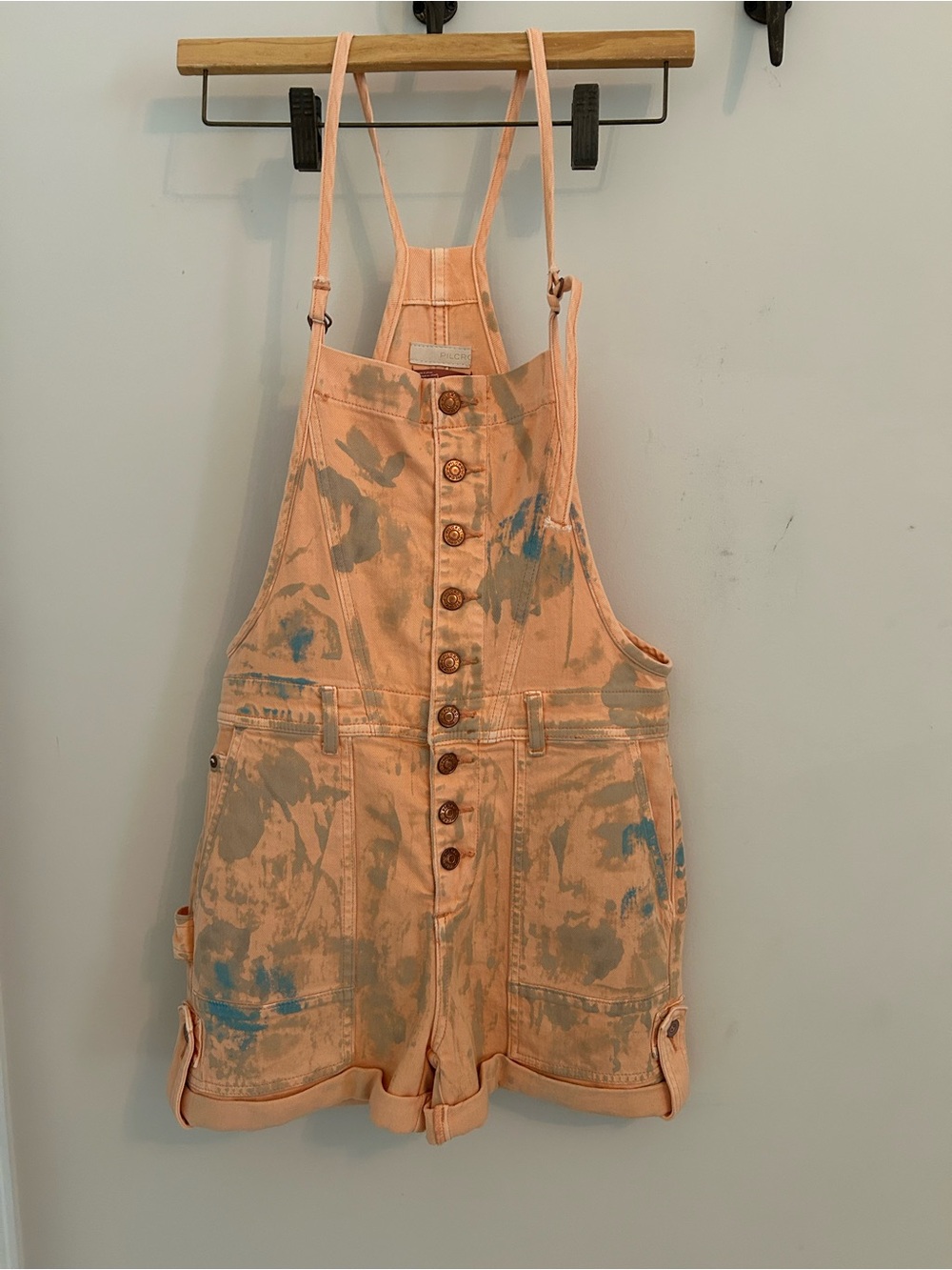 Anthropologie Pilcro Orange Paint Splatter Denim Overalls/Shortalls